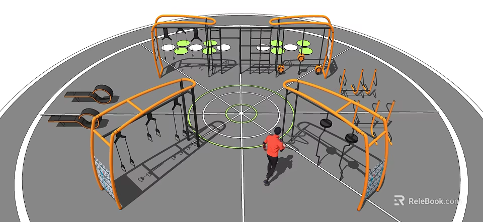 Outdoor Sports Equipment Orange Frame Multi Station Circular Ground Training Setup For Fitness 3d model 