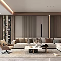 Modern Living Room Interior With Marble Accent Wall Large TV Accent Chair And Bookshelf