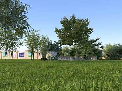 Tranquil Rural Landscape With Lush Green Grass Tall Trees And Light Building With Blue Windows 3d model