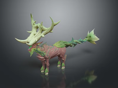 Enchanted Fantasy Deer Like Creature With Plant Antlers Leafy Tail And Bark Texture 3d model