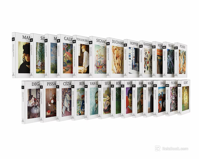 Various Art Books With Colorful Painting Cover Designs Arranged Neatly In Collection 3d model 