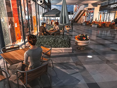 Vibrant Commercial Street with Outdoor Seating People Green Plants and Storefronts 3d model