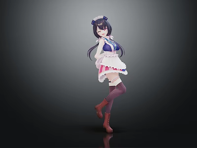 Cute Anime Girl in Maid Outfit with Small Playful Cat Standing Together 3d model