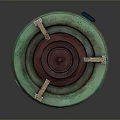 Green Copper Stove With Round Top And Stand Featuring Holes For Home Use