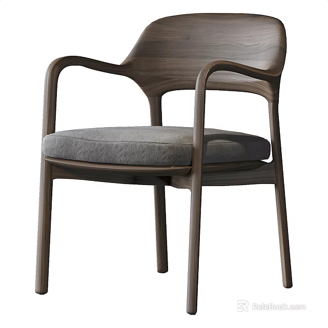 Modern Wooden Dining Chair With Armrests And Gray Padded Seat Design 3d model 