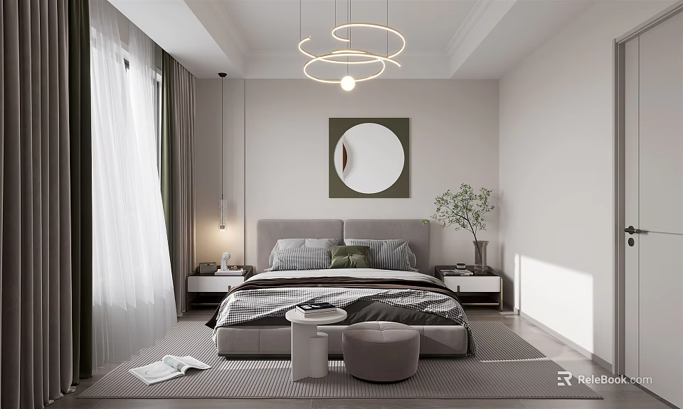 Modern Bedroom Interior Design With Bed Nightstands Round Mirror And Pendant Lights 3d model 