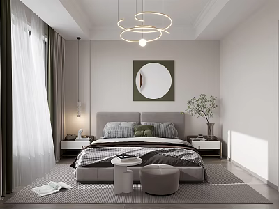 Modern Bedroom Interior Design With Bed Nightstands Round Mirror And Pendant Lights 3d model