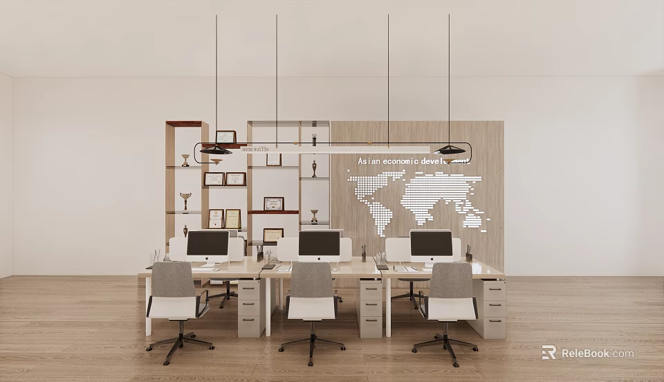 Modern Office Desk Setup With Computers Gray Chairs World Map And Pendant Lights 3d model 