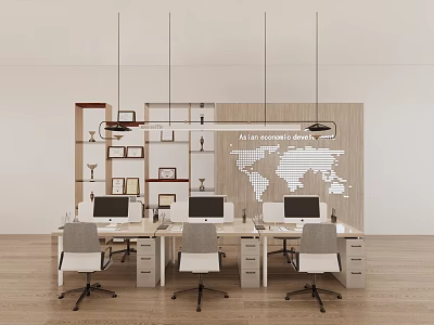 Modern Office Desk Setup With Computers Gray Chairs World Map And Pendant Lights 3d model
