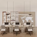 Modern Office Desk Setup With Computers Gray Chairs World Map And Pendant Lights