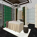 Luxurious SPA Sauna Interior With Massage Bed Green Decor Chinese Chandelier And Marble Floor