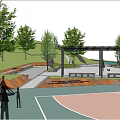 Park Landscape with Basketball Court Green Trees Benches and People Enjoying Activities