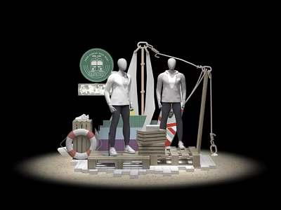 White Mannequins On Platform With Green Circular Sign Lifebuoy And Wooden Structure 3d model