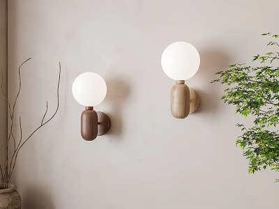Contemporary Wall Lamps with White Globe Shades and Wooden Holders on Beige Wall with Greenery 3d model