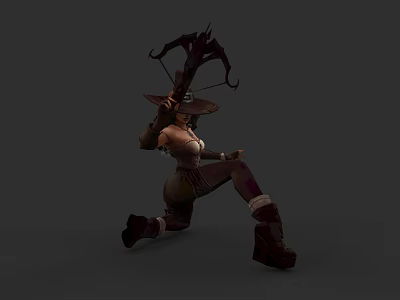 Woman in Brown Red Outfit with Wide Brimmed Hat Holding Bow Arrow in Battle Stance 3d model