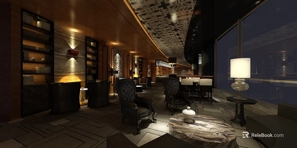 Modern Bar Interior Design With Wooden Decor Leather Chairs And Ambient Lighting 3d model 