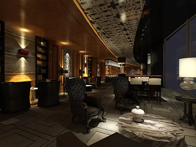 Modern Bar Interior Design With Wooden Decor Leather Chairs And Ambient Lighting 3d model