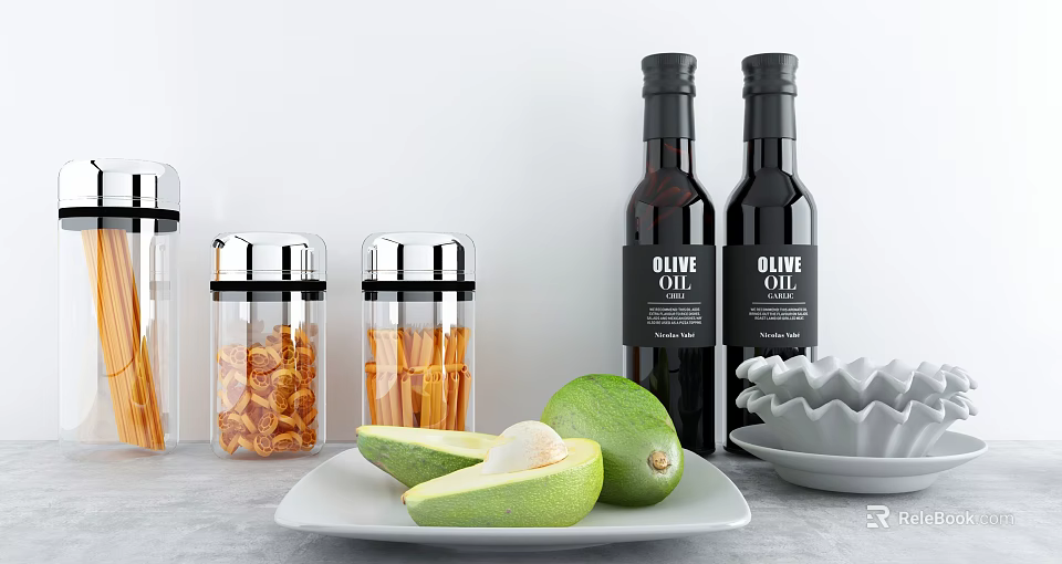 Fresh Avocado With Olive Oil And Storage Jars 3d model 