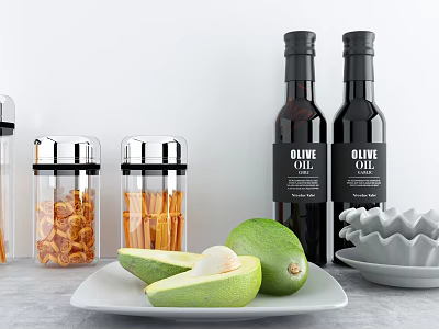 Fresh Avocado With Olive Oil And Storage Jars 3d model