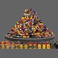 Colorful Industrial Barrels Stacked in Pyramid Shape With Yellow Drums