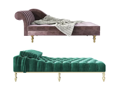 Elegant Purple Green Velvet Chaise Lounge With Tufted Design Striped Cushion Blanket Golden Legs 3d model