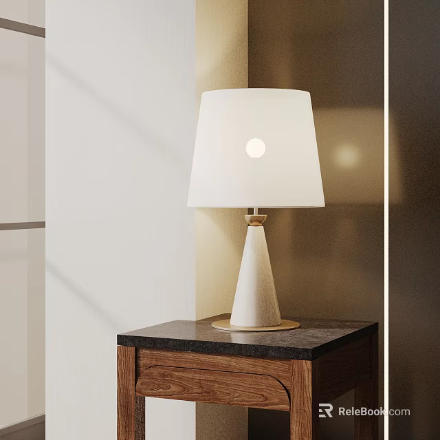 White Table Lamp With Gold Base On Wooden Nightstand Dark Countertop Light Colored Wall 3d model 