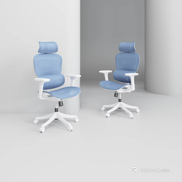 Two Modern Blue Mesh Office Chairs With White Armrests And Swivel Base 3d model