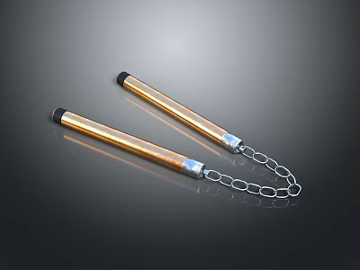Golden Nunchucks With Silver Chain And Two Sticks For Daily Life Use 3d model