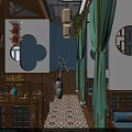 Traditional Chinese Restaurant With Hanging Lanterns Bamboo Decor Wooden Screen And Mapo Tofu Mural