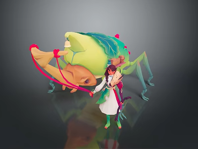 Game Character In White Robe With Green Accents Holding Bow Beside Large Insect Like Creature 3d model