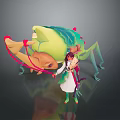 Game Character In White Robe With Green Accents Holding Bow Beside Large Insect Like Creature