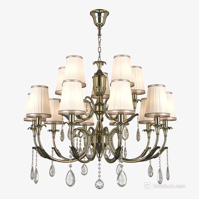Classic Brass Chandelier With White Fabric Shades And Crystal Pendants Decorative Lighting 3d model 
