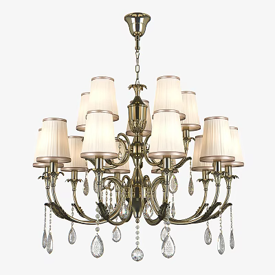 Classic Brass Chandelier With White Fabric Shades And Crystal Pendants Decorative Lighting 3d model