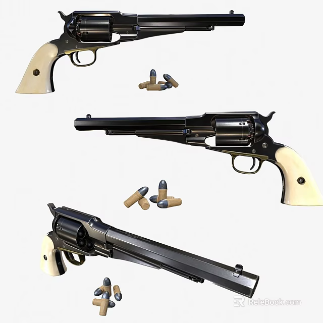 Detailed Revolver Showcase With Wooden Grips Black Barrel And Scattered Bullets In Multiple Angles 3d model 