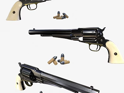 Detailed Revolver Showcase With Wooden Grips Black Barrel And Scattered Bullets In Multiple Angles 3d model