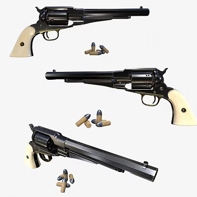 Detailed Revolver Showcase With Wooden Grips Black Barrel And Scattered Bullets In Multiple Angles 3d model