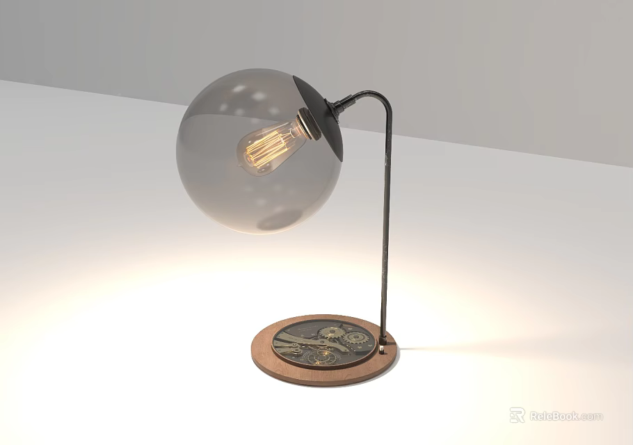 Stylish Table Lamp With Transparent Spherical Shade Black Metal Arm And Copper Decorative Base 3d model 