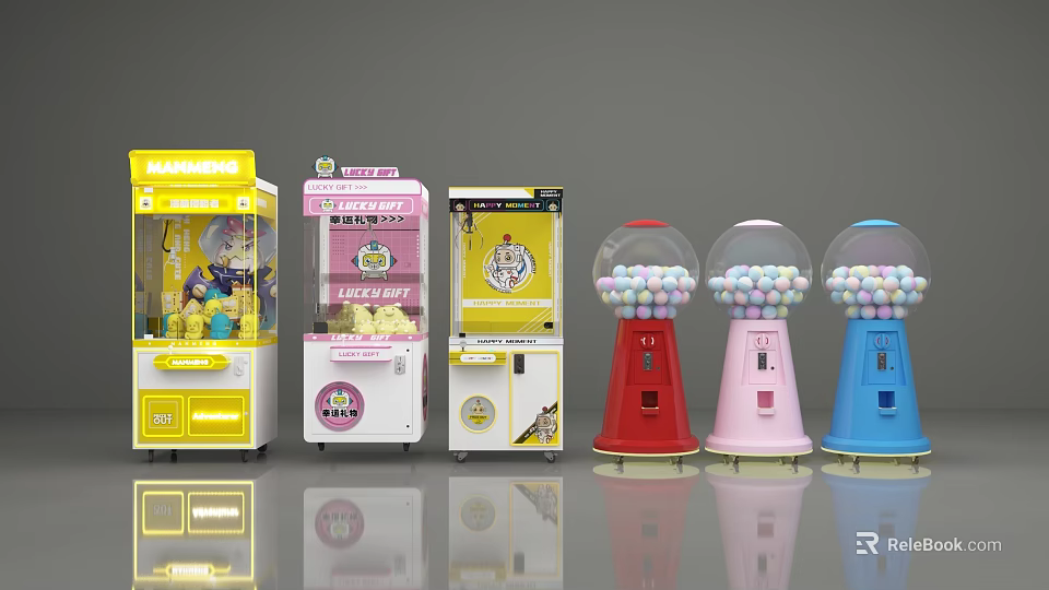 Colorful Entertainment Appliances Including Claw Machines And Gumball Dispensers With Cartoon Designs 3d model 