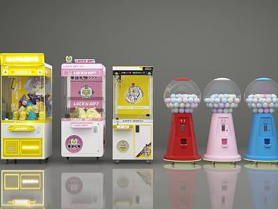 Colorful Entertainment Appliances Including Claw Machines And Gumball Dispensers With Cartoon Designs 3d model