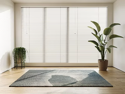 White Window Blinds in Bright Interior with Wooden Floor and Potted Plants 3d model