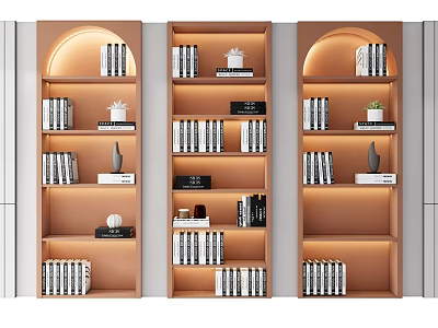 Modern Bookcase Design With Multiple Shelves Books Decorations And Warm Lighting 3d model