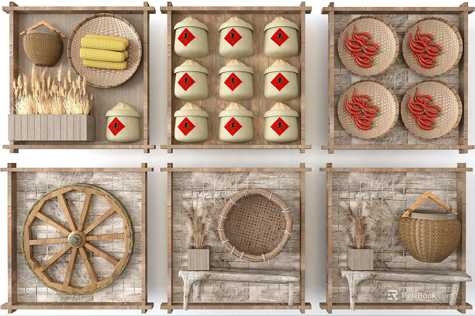 Rustic Natural Wall Decor with Woven Baskets Clay Pots Wooden Wheel and Grain 3d model 