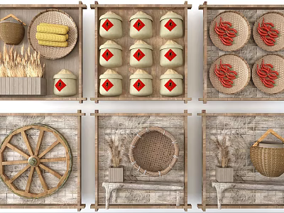 Rustic Natural Wall Decor with Woven Baskets Clay Pots Wooden Wheel and Grain 3d model
