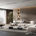 Modern Living Room Interior Design With Light Sofa Accent Chair Coffee Table And Large Plant