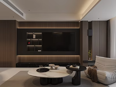 Modern Minimalist Living Dining Room With Dark Wood TV Background And Marble Coffee Tables 3d model
