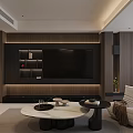 Modern Minimalist Living Dining Room With Dark Wood TV Background And Marble Coffee Tables