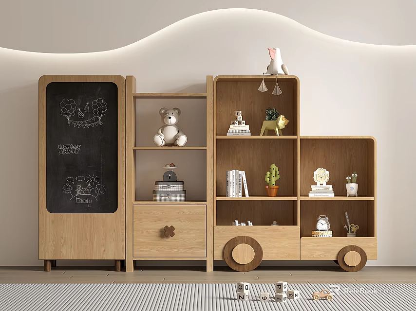 Cozy Kids Room Decorative Cabinet with Chalkboard Teddy Bear Books and Wheel Design 3d model 