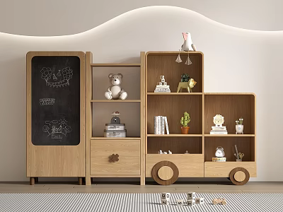 Cozy Kids Room Decorative Cabinet with Chalkboard Teddy Bear Books and Wheel Design 3d model