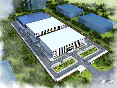 Modern Industrial Factory Buildings With Greenery Road Access And Parking Areas Layout 3d model