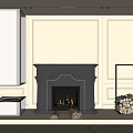 Ornate Black Fireplace With Burning Fire And Stacked Wood Logs In Beige Paneled Living Room